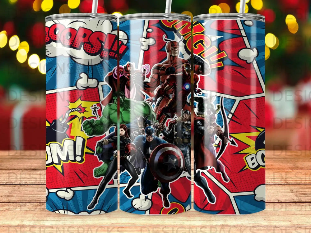 Avengers comic book art on a stainless steel tumbler.