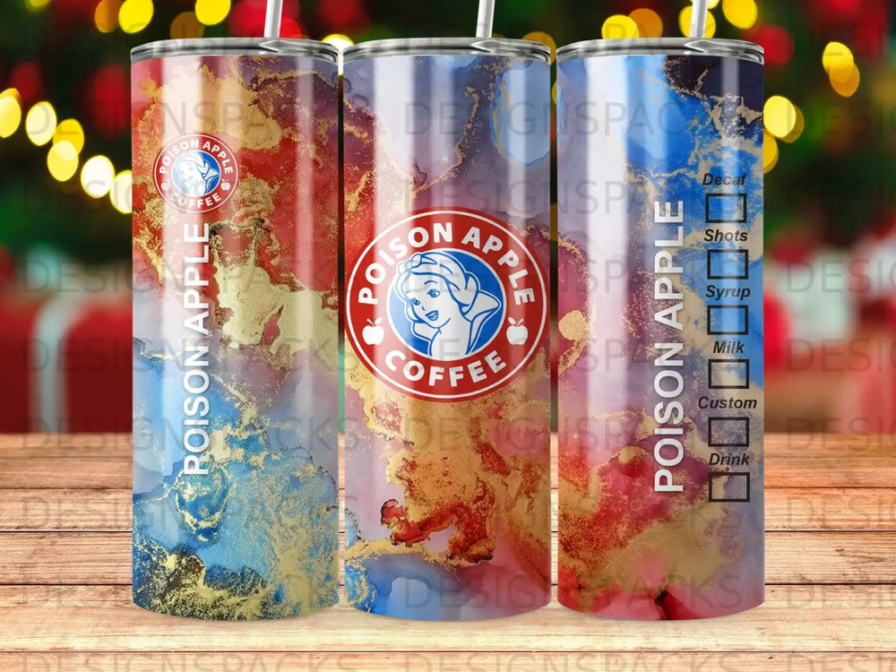 Three tumblers with Poison Apple Coffee logo and blue, gold, and red design.
