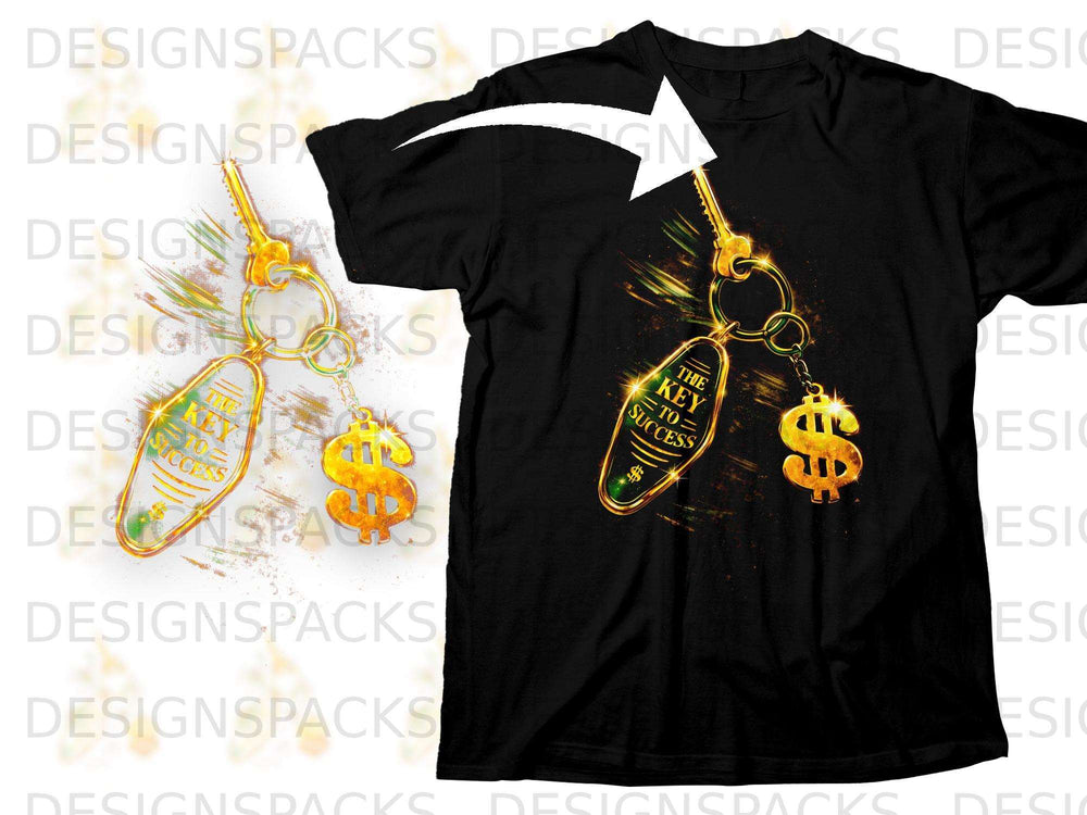 Gold key charm with "The Key to Success" text and dollar sign on black t-shirt.