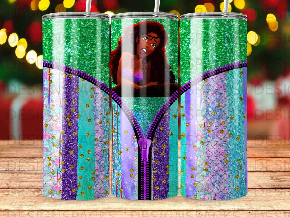 Ariel character on a glittery teal and purple striped tumbler with a zipper design.