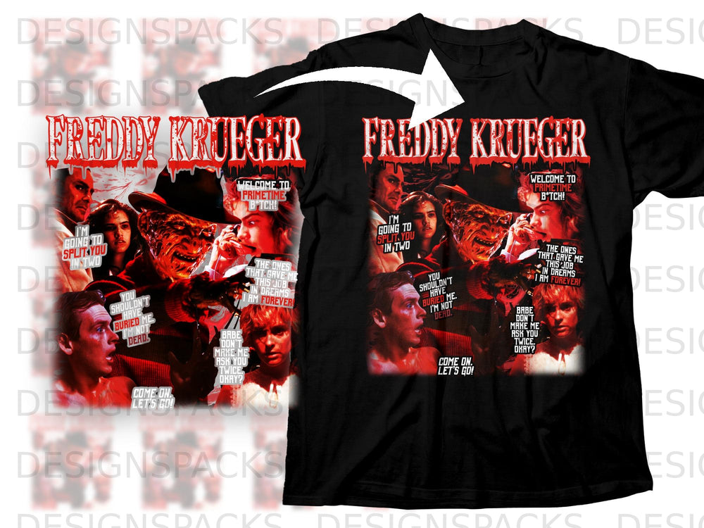 Freddy Krueger graphic t-shirt with movie stills and dialogue.