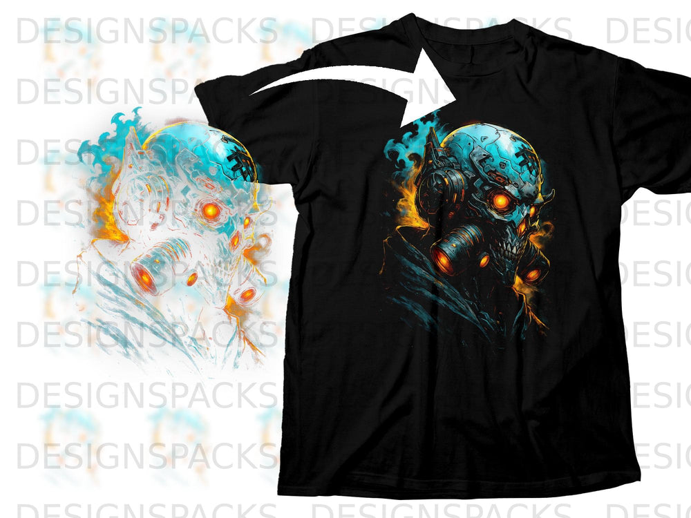 Black t-shirt featuring a graphic of a futuristic, glowing skull with a gas mask.
