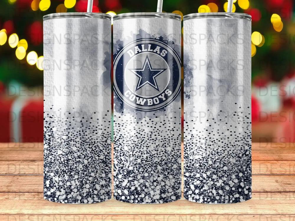Dallas Cowboys tumbler with glitter and a star logo.