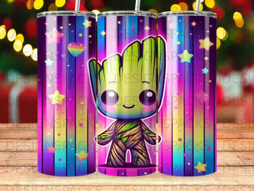 Cute Groot character on a colorful striped tumbler with stars and hearts.