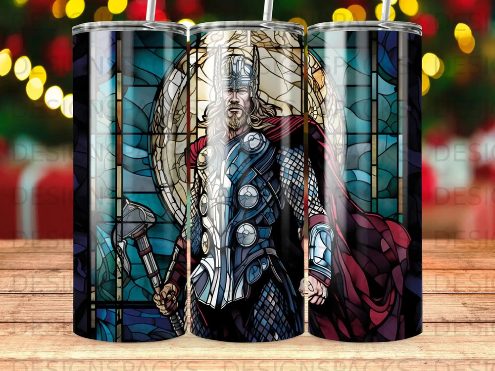 Thor with Mjolnir, in stained glass style on a tumbler.