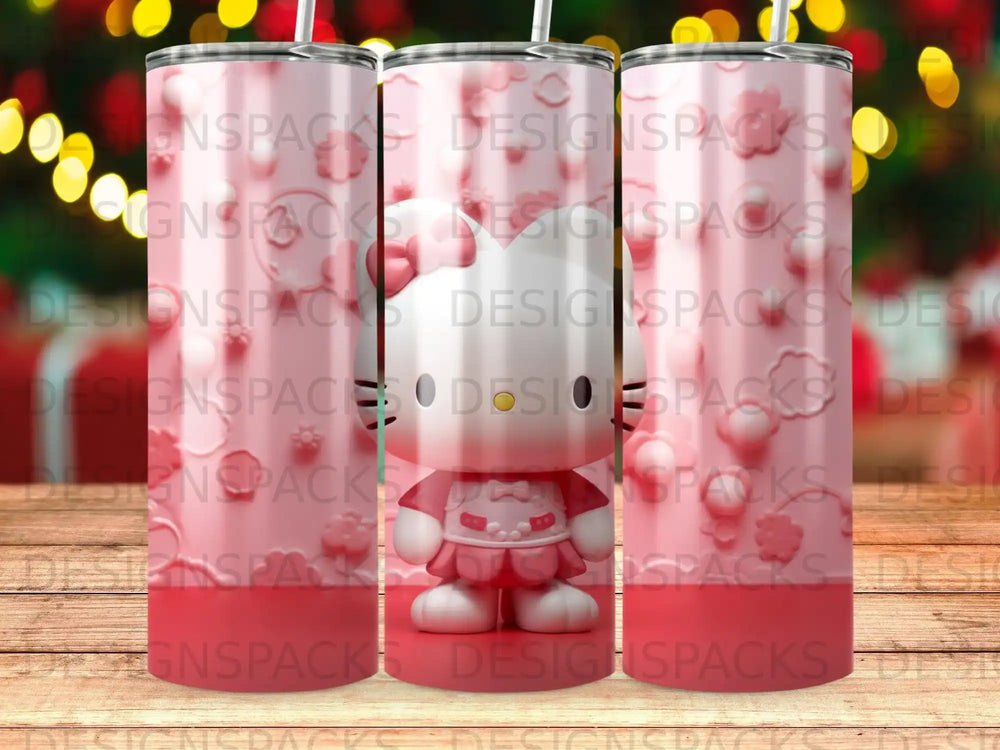 Pink tumbler with Hello Kitty wearing a red bow and dress.