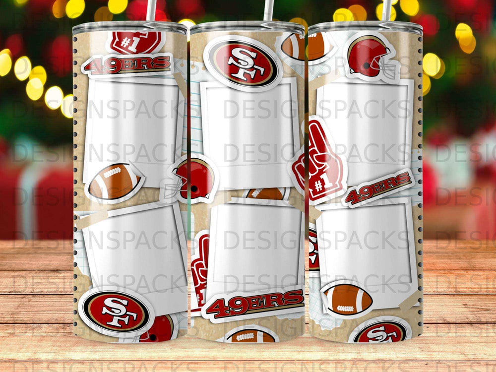 San Francisco 49ers logo and football design on a tumbler.