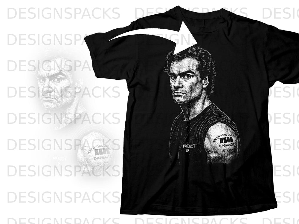Black t-shirt with distressed graphic of man's face and "PRODUCT OF DAMAGE" text.