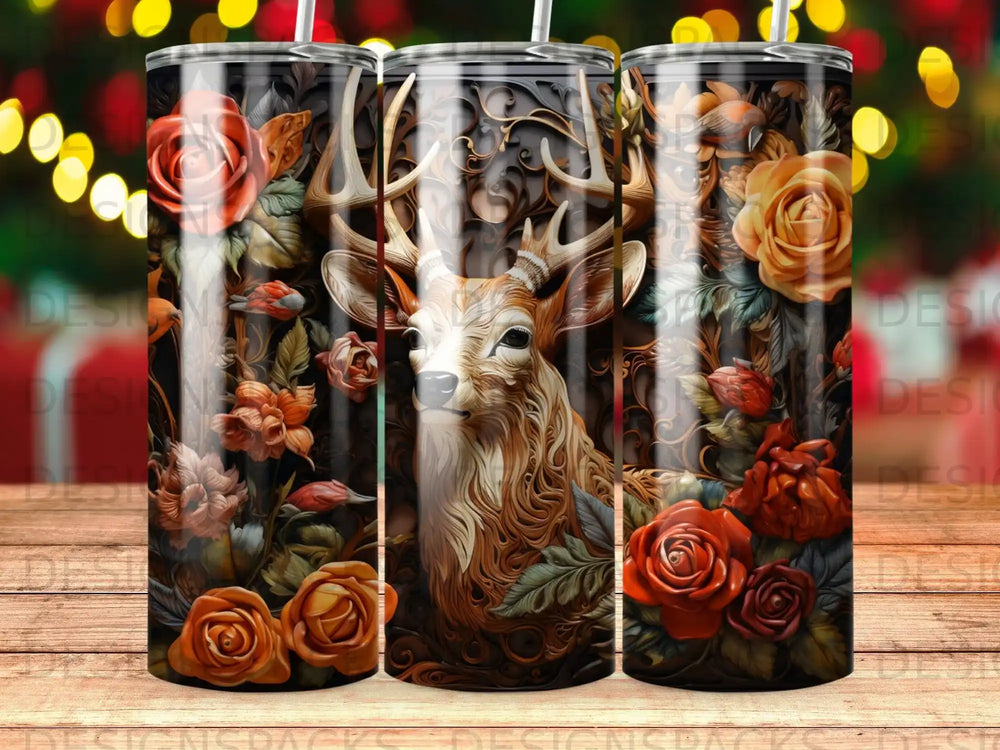 Deer head surrounded by ornate patterns and orange roses.