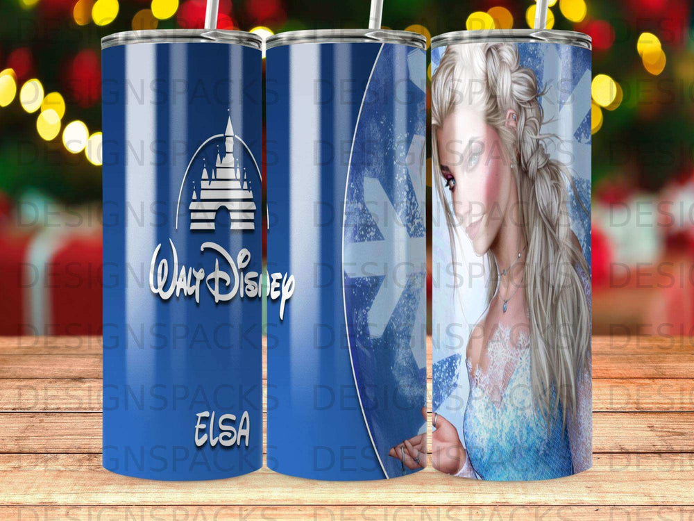 Blue tumbler with Disney's Frozen Elsa and castle graphics.