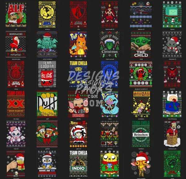 Print-ready DTF/DTG Christmas designs featuring pop culture, holiday, and brand-themed graphics for t-shirts and tumblers.