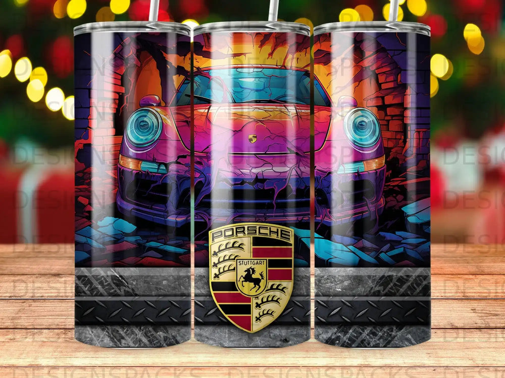 Porsche Stuttgart logo on a stylized, colorful car design.