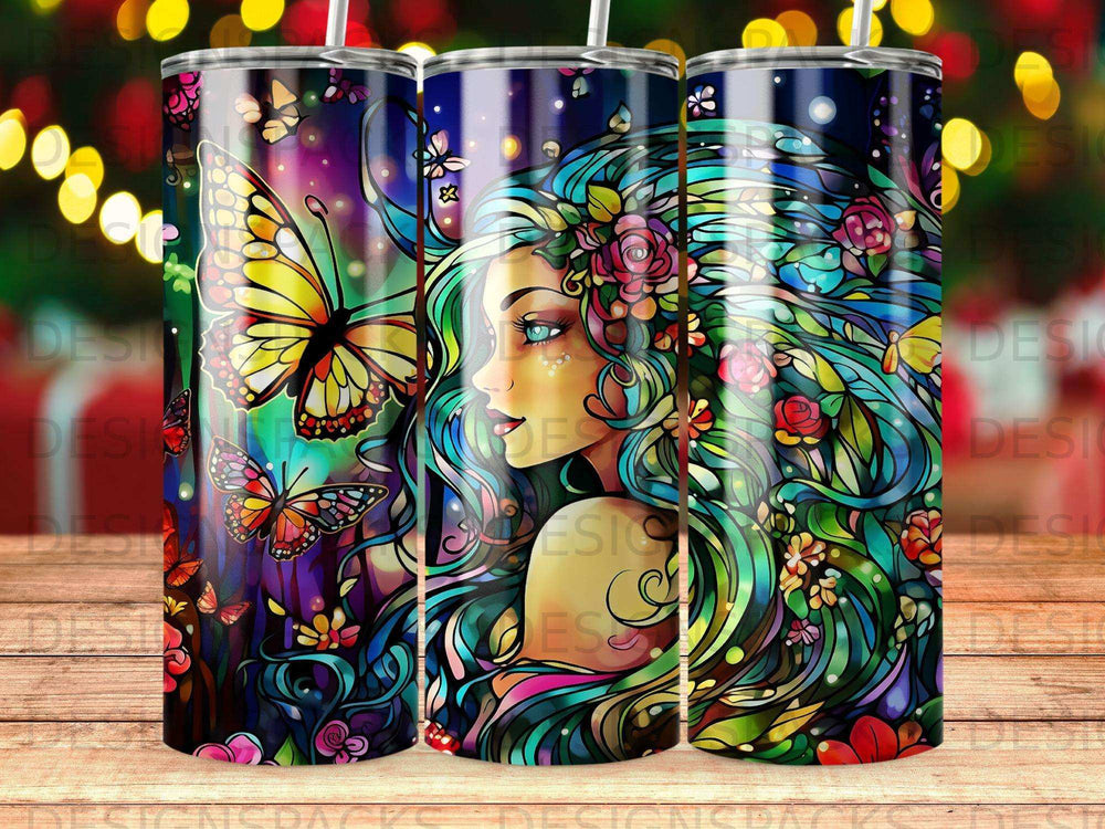 Woman with butterfly wings and floral hair, colorful stained glass style.