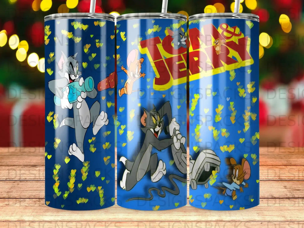 Tom and Jerry characters on a blue background with yellow and green hearts.