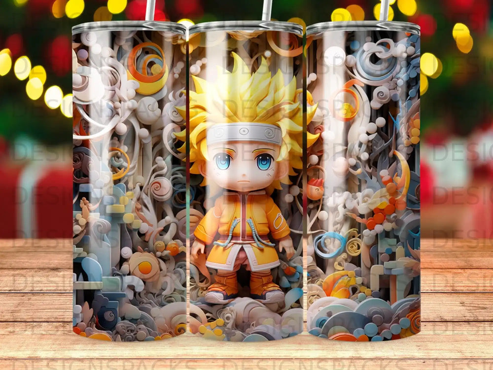 Naruto Uzumaki anime character on a cylindrical tumbler with decorative background.
