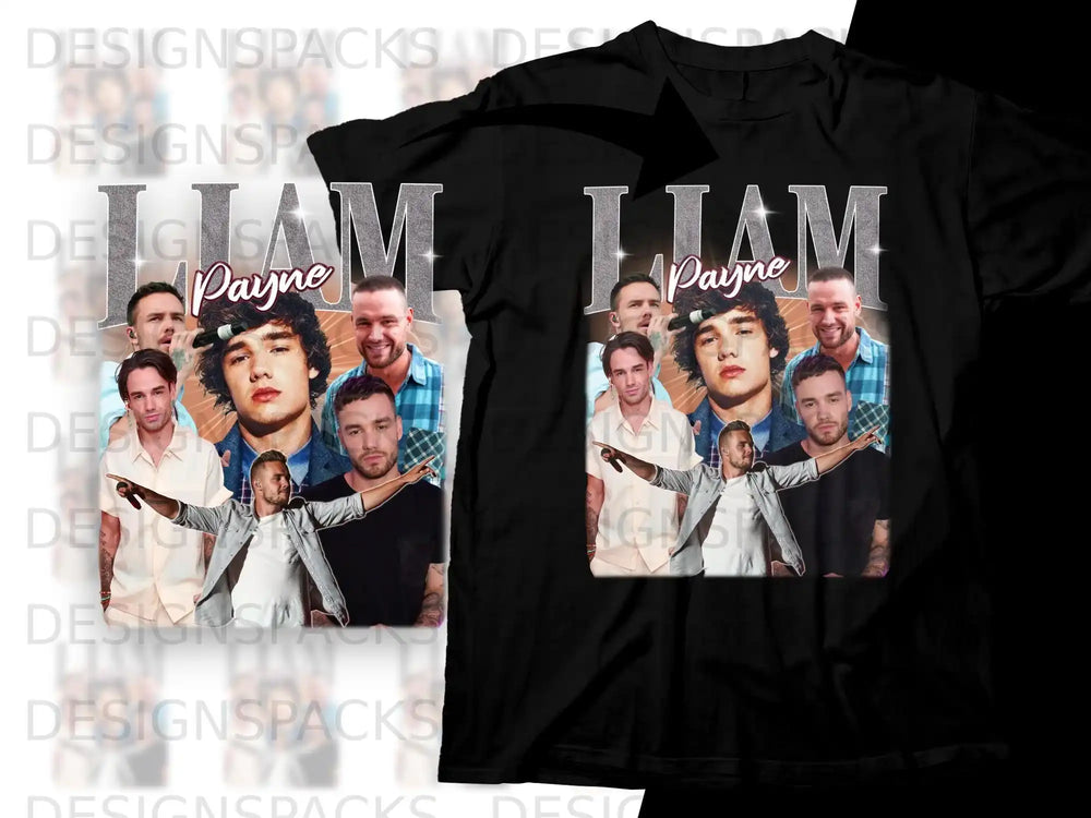 Liam Payne collage on a black t-shirt.