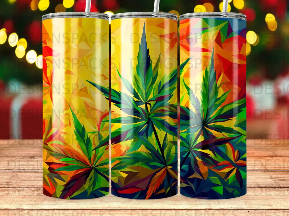 Three tumblers with a colorful, geometric cannabis leaf design.