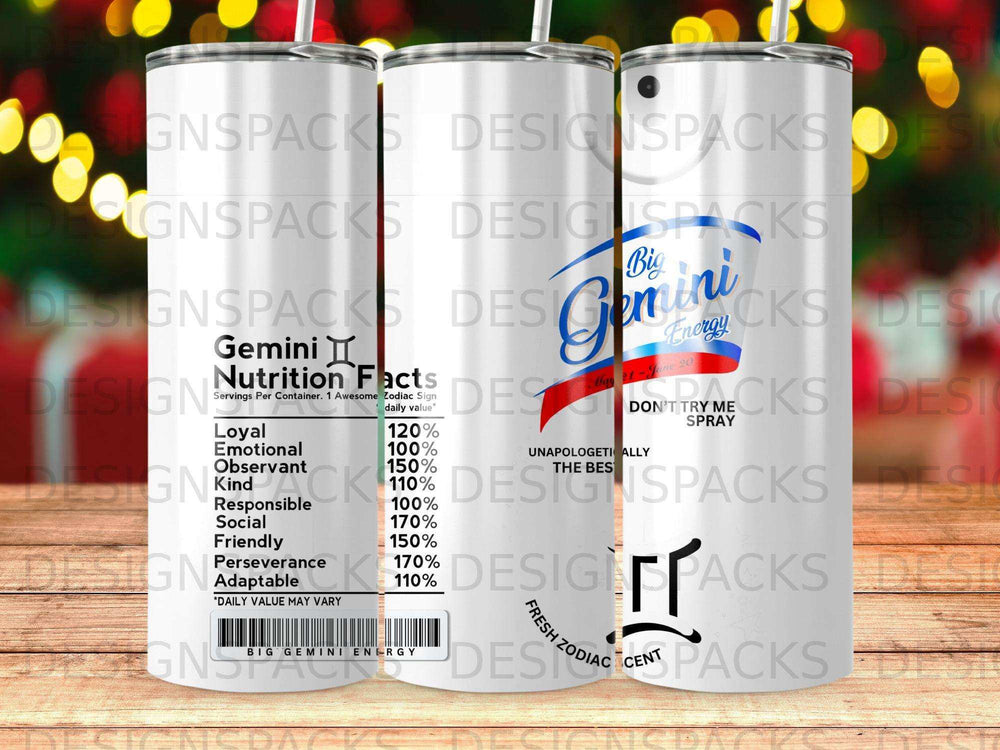 Tumbler with "Big Gemini Energy" design and nutrition facts for Gemini traits.