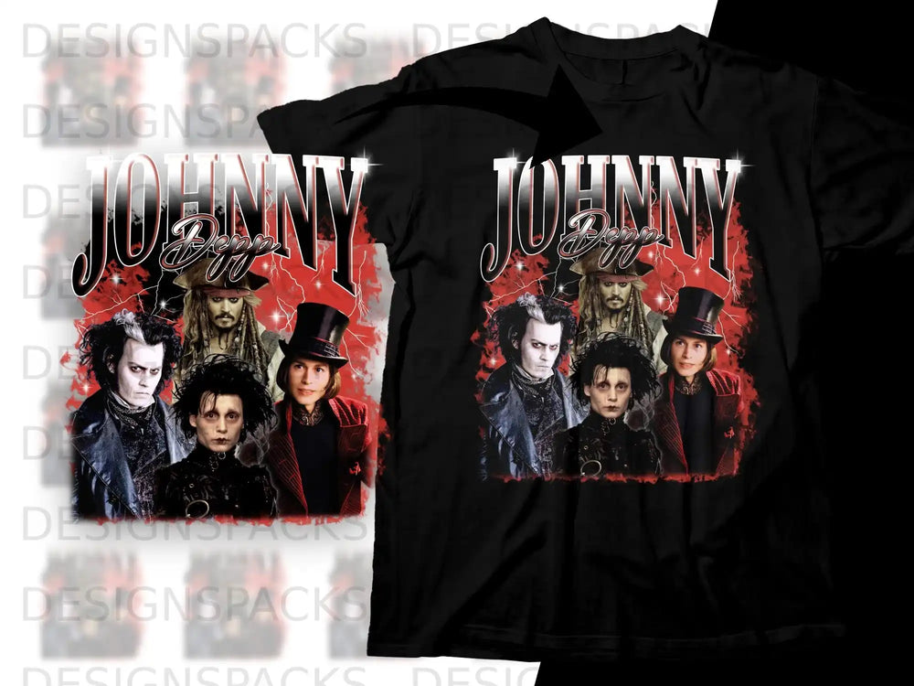 T-shirt with collage of Johnny Depp characters: Edward Scissorhands, Jack Sparrow, Mad Hatter.