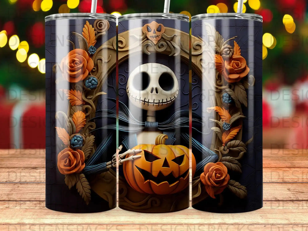 Jack Skellington holding a pumpkin surrounded by roses and gothic embellishments.