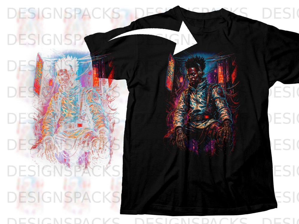 Black t-shirt featuring a colorful graphic of a man in headphones with cybernetic elements.