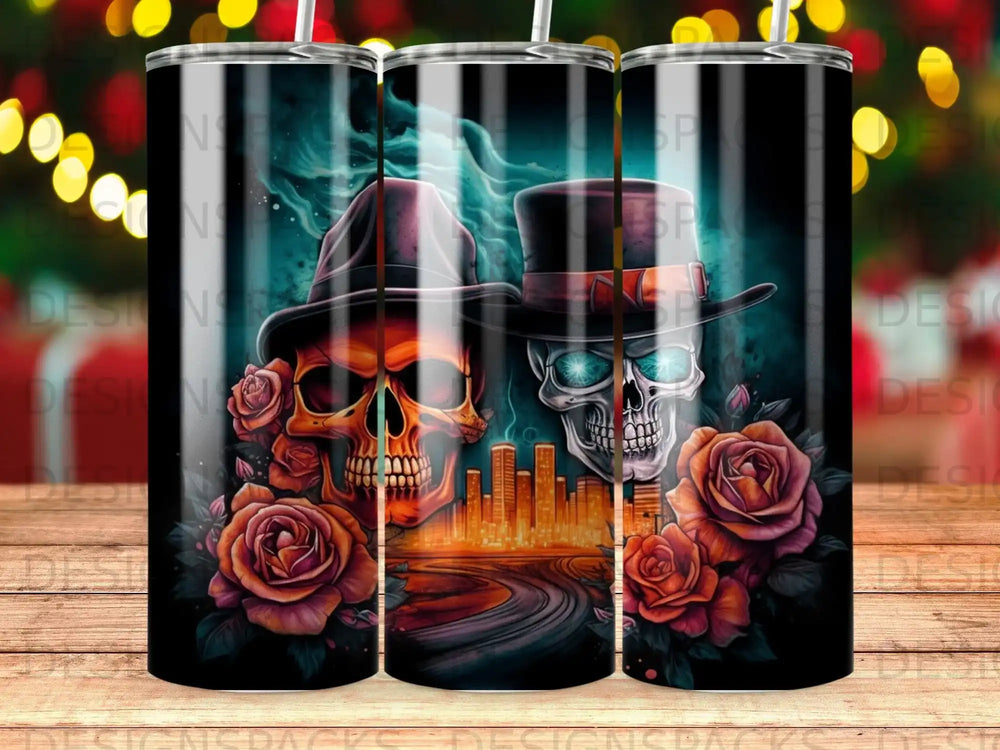 Skulls in hats with roses and cityscape background, digital art.