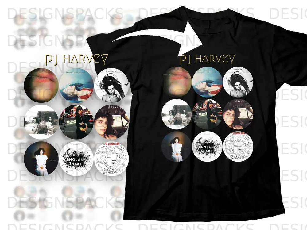 PJ Harvey album art collage on black t-shirt.