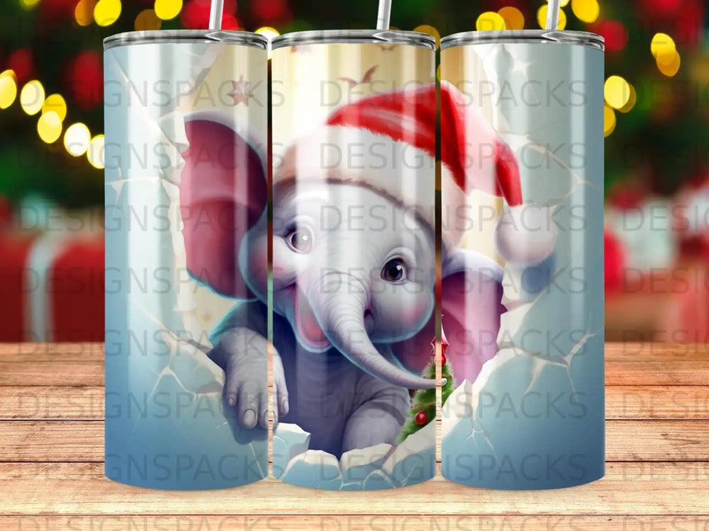Baby elephant peeking through festive Christmas lights background.