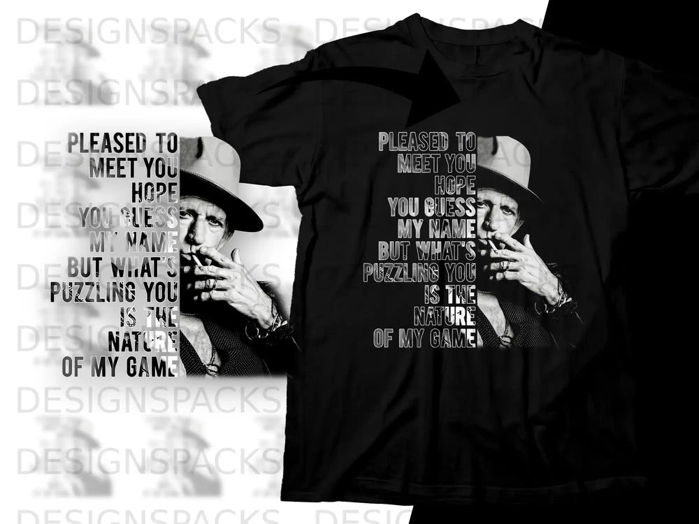 Black t-shirt with white text and a black and white portrait of a man.