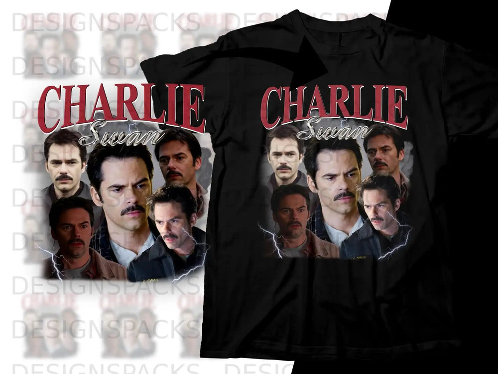 Collage of actor Charlie Swan in various poses and expressions on a black t-shirt.
