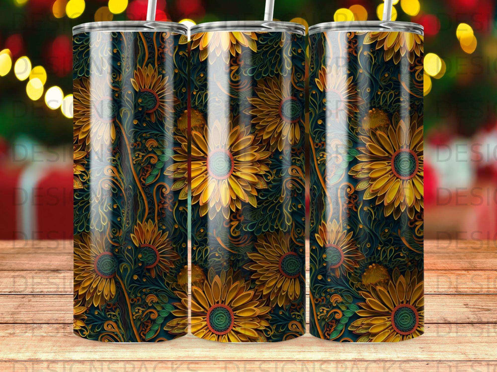 Sunflower pattern on a skinny tumbler with a straw.