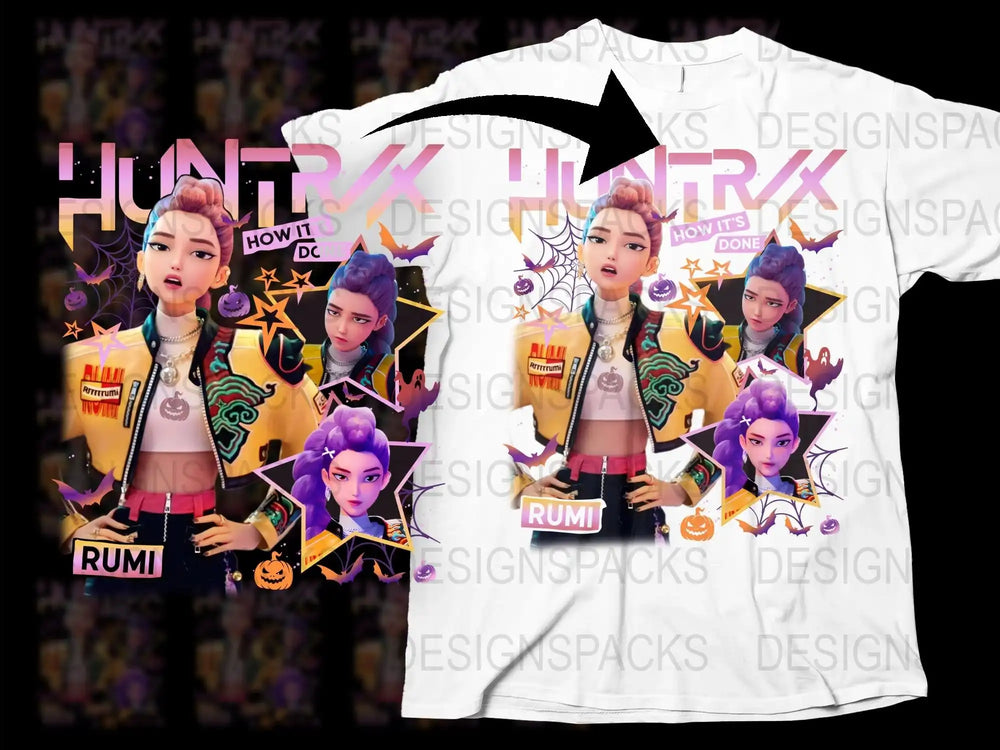 Anime Inspired T-Shirt, Colorful Graphic Tee with Female Characters, Halloween Theme, Casual Fashion