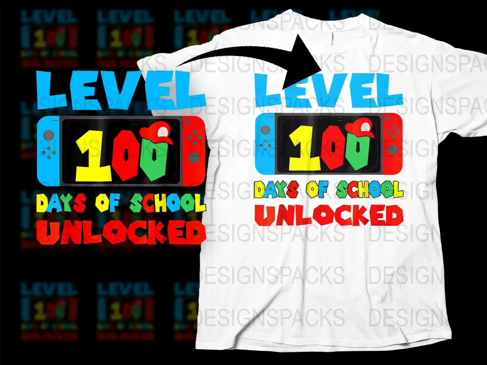 Kids 100 Days of School T-Shirt, Level 100 Unlocked Gamer Tee, Colorful Graphic Shirt for Boys and Girls