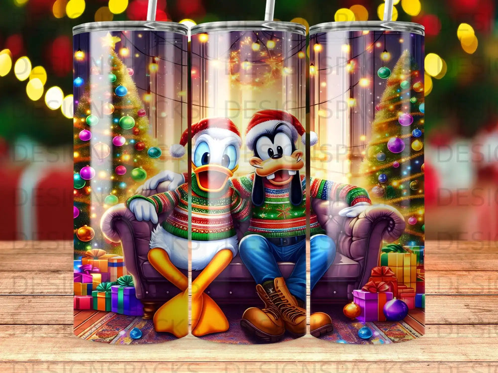 Goofy and Donald Duck in matching Christmas sweaters sitting on a couch with presents.