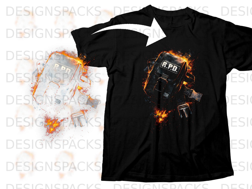 Black t-shirt with R.P.D. logo on a flaming background.