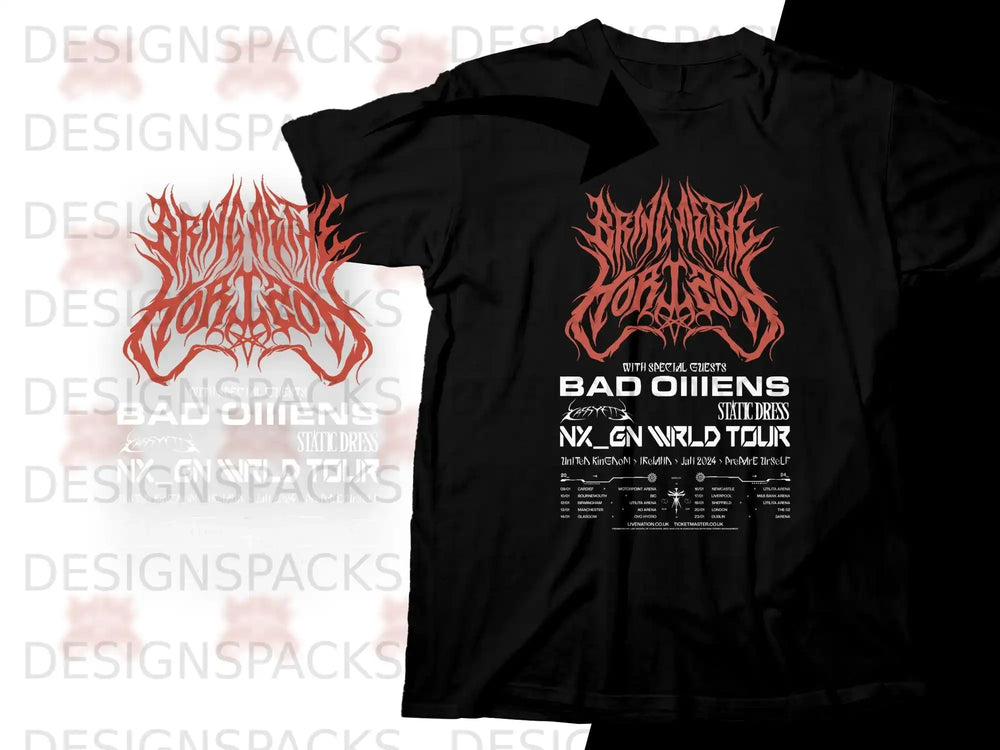 Black t-shirt for "Bad Omens NX_GN World Tour" with concert dates and locations.