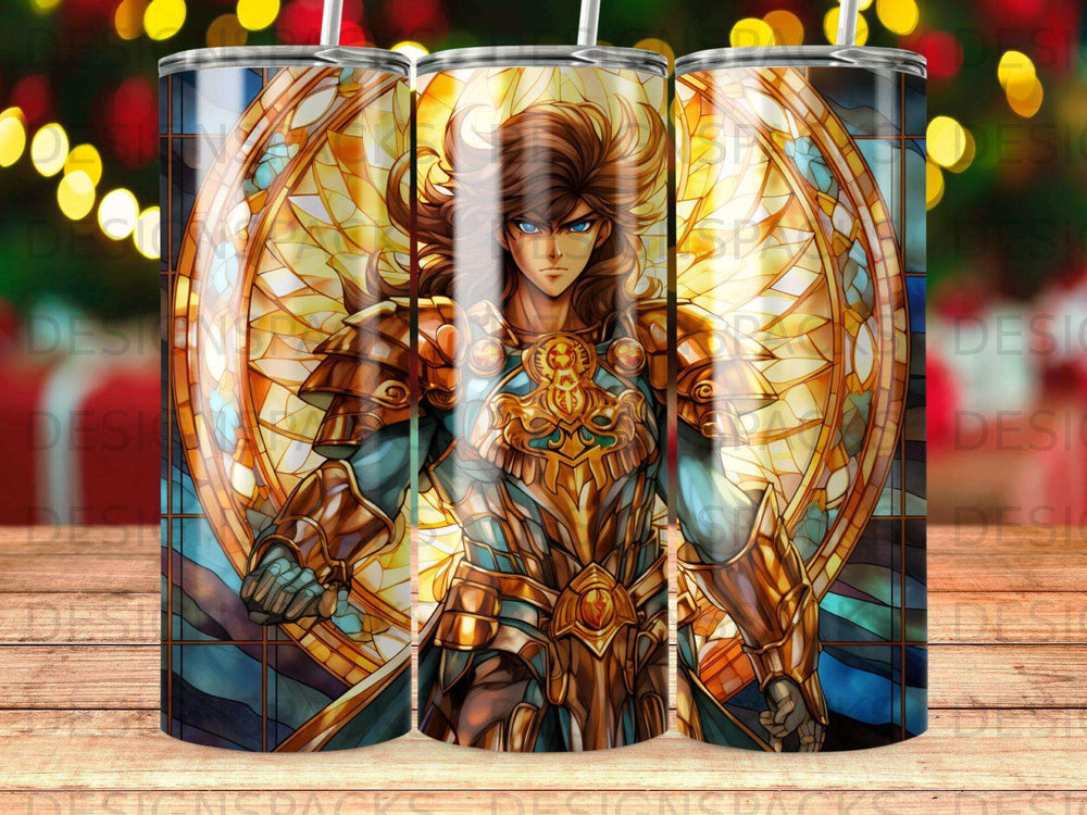 Stained glass warrior with blue eyes and golden armor, against a circular halo.