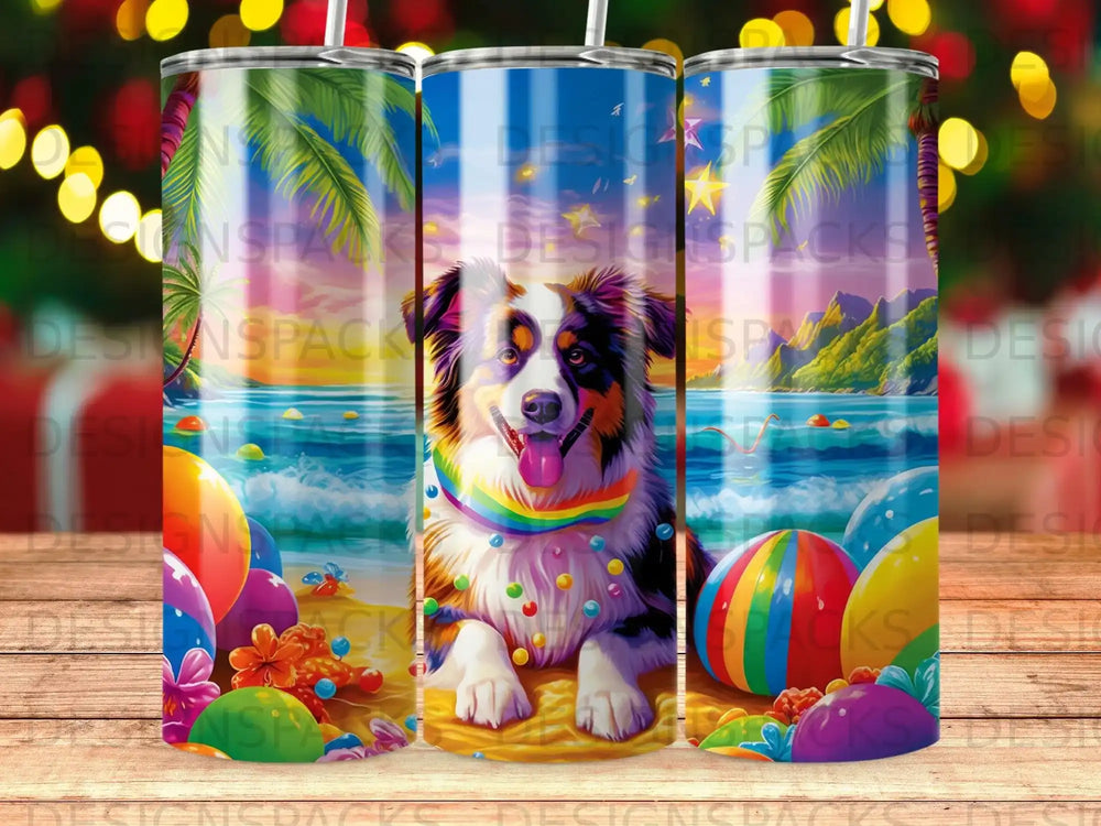 Dog with rainbow collar on beach with beach balls and palm trees.