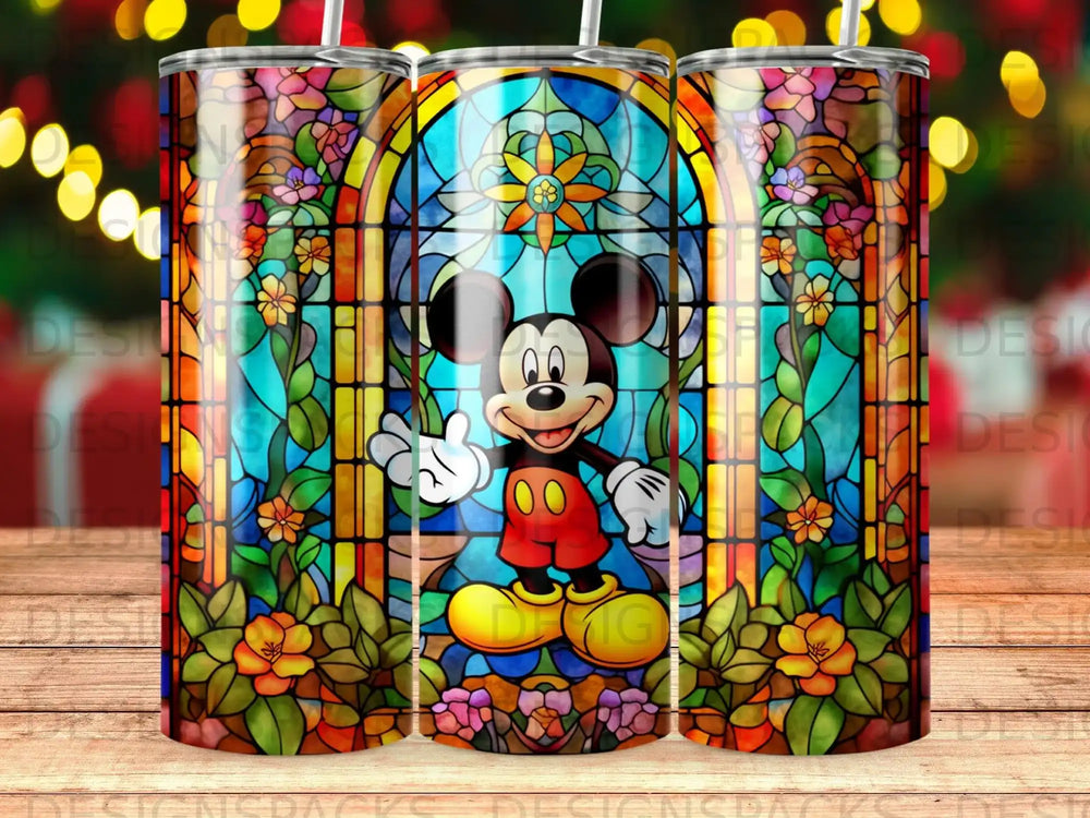 Mickey Mouse in stained glass design on a tumbler.