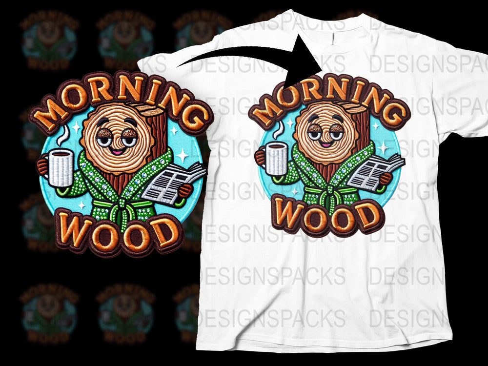 Morning Wood Coffee Mug Newspaper Cartoon Graphic T-Shirt, Funny Humor Cotton Tee, Unique Gift Idea