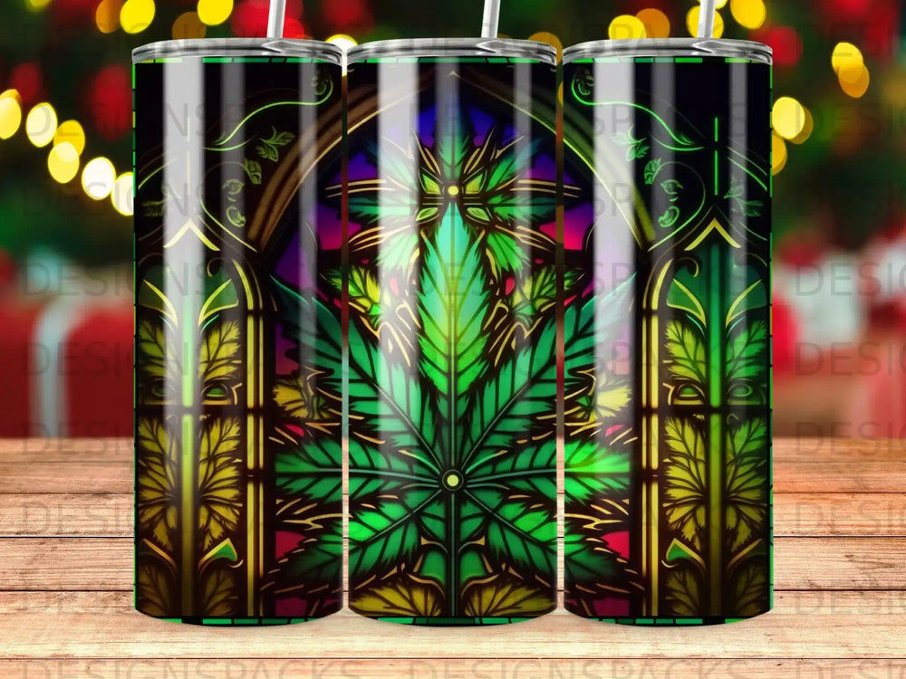 Stained glass tumbler with cannabis leaf design and colorful lights.