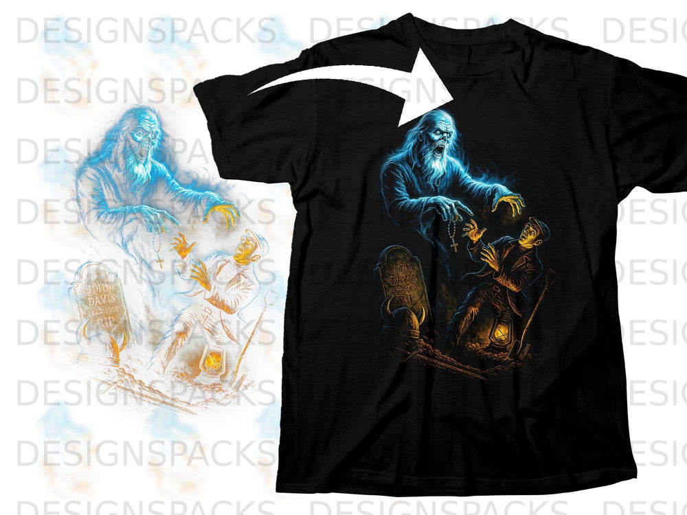 Black t-shirt with graphic of a ghostly figure looming over a man with a tombstone.