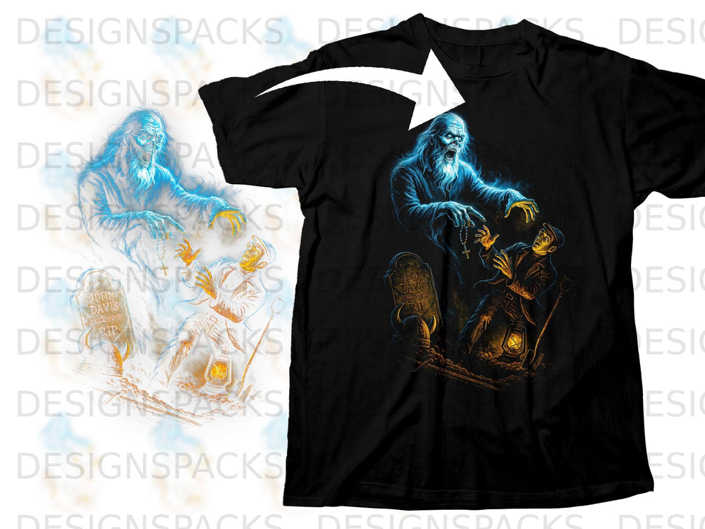 Black t-shirt with graphic of a ghostly figure looming over a man with a tombstone.