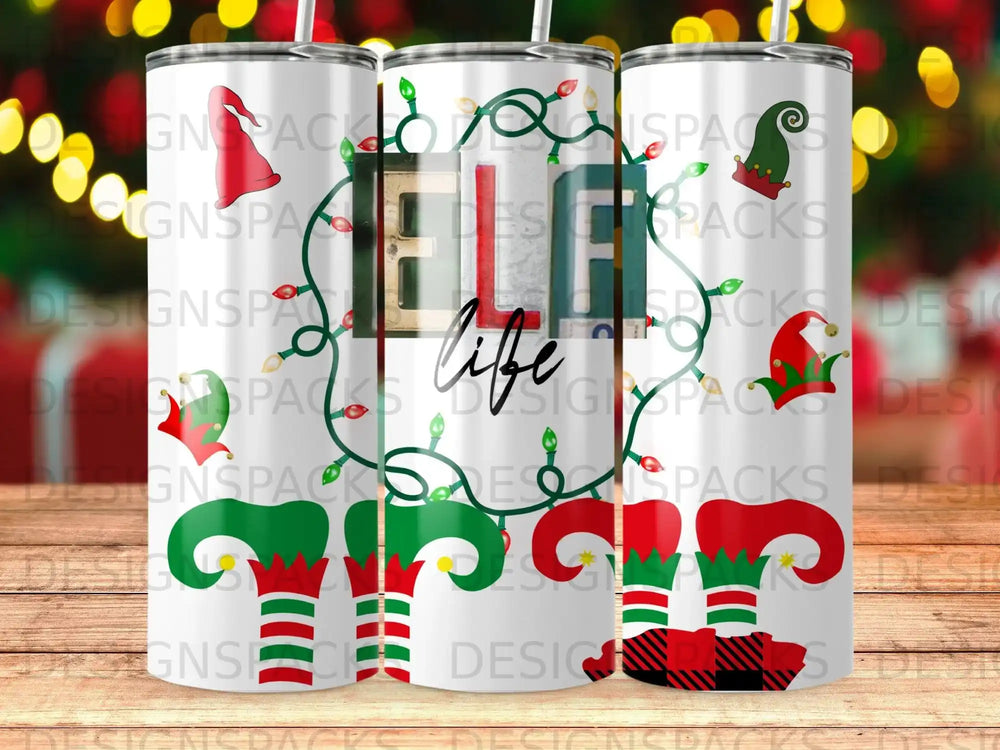 Elf legs with stripes and polka dots on tumblers, "Elf life" text.