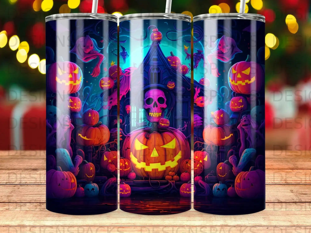 Halloween tumbler with pumpkins, ghosts, and a spooky house.