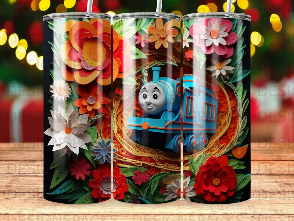 Blue cartoon train surrounded by colorful paper flowers and leaves.