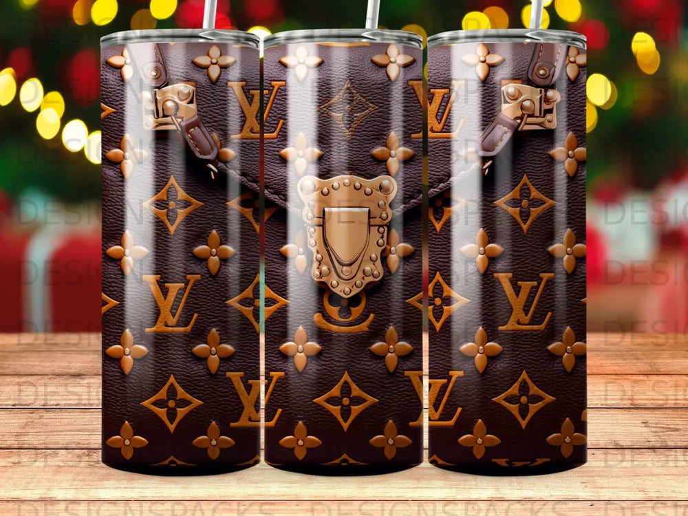 LV monogram print tumbler with gold clasp and buckle detail.