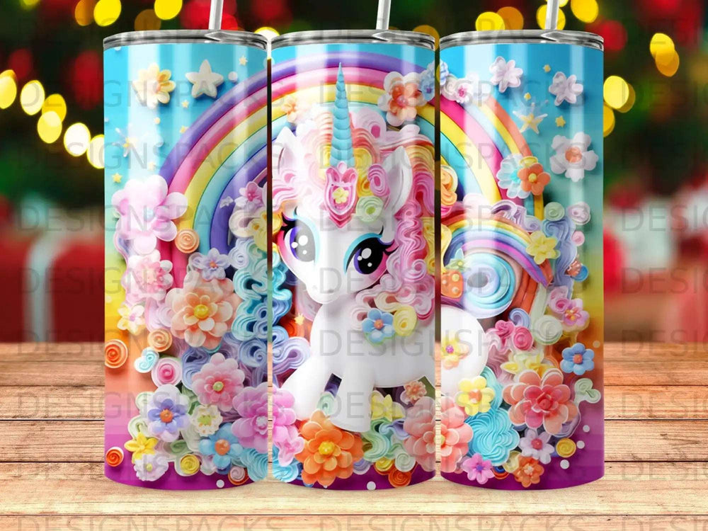 Unicorn with rainbow and flowers on a glittery tumbler.