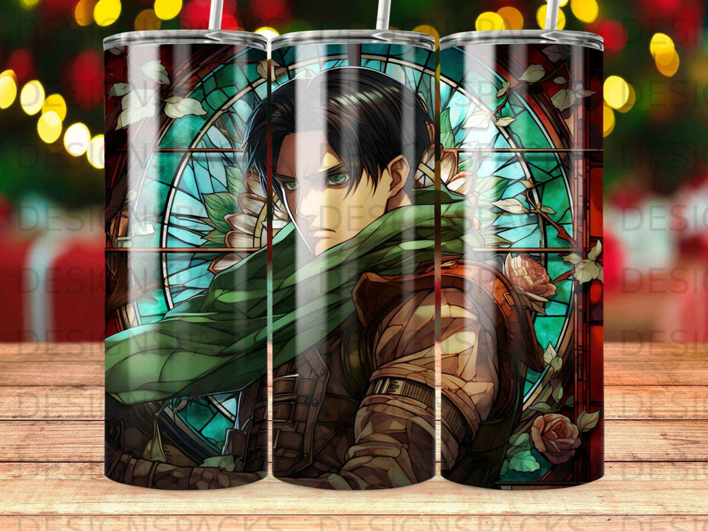 Anime character with green scarf in stained glass design tumbler.