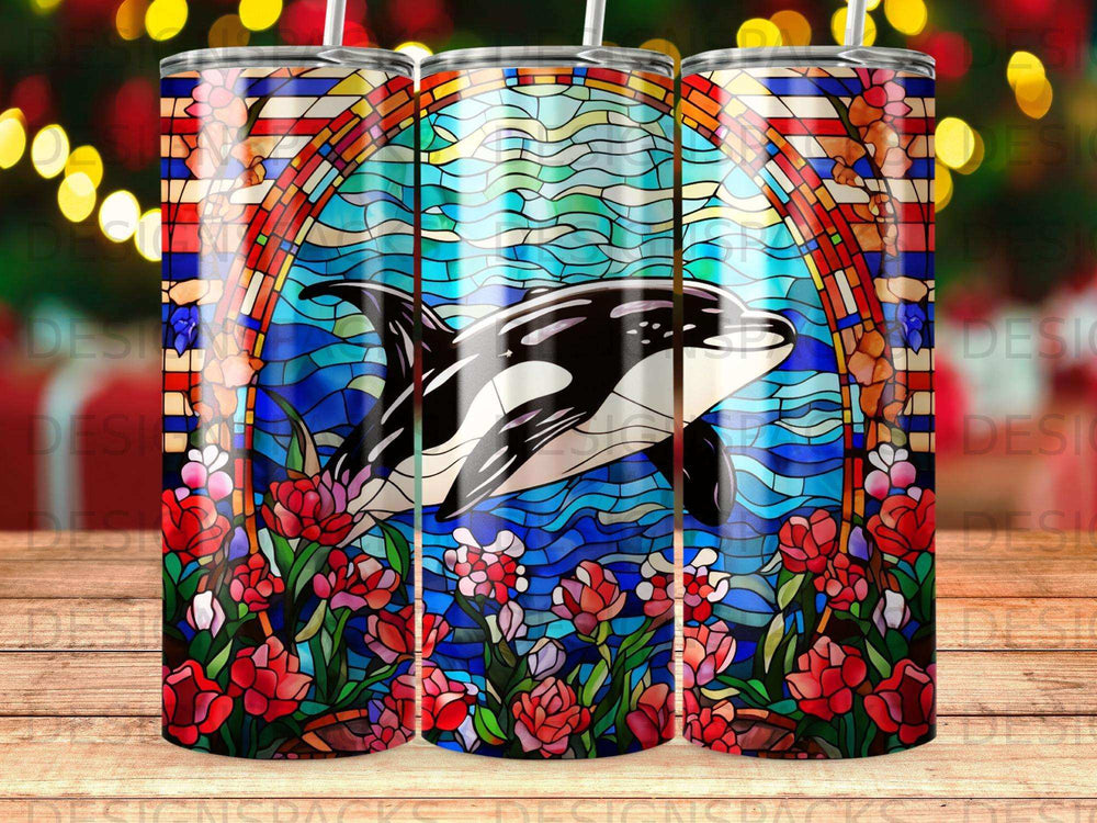 Orca whale leaping through stained glass arch with red flowers.